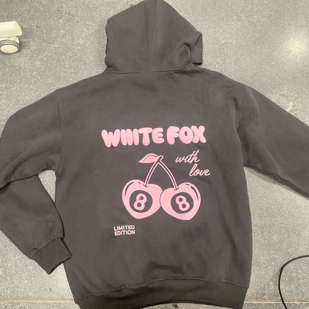 White Fox Charcoal Hoodie with Pink Cherry Design